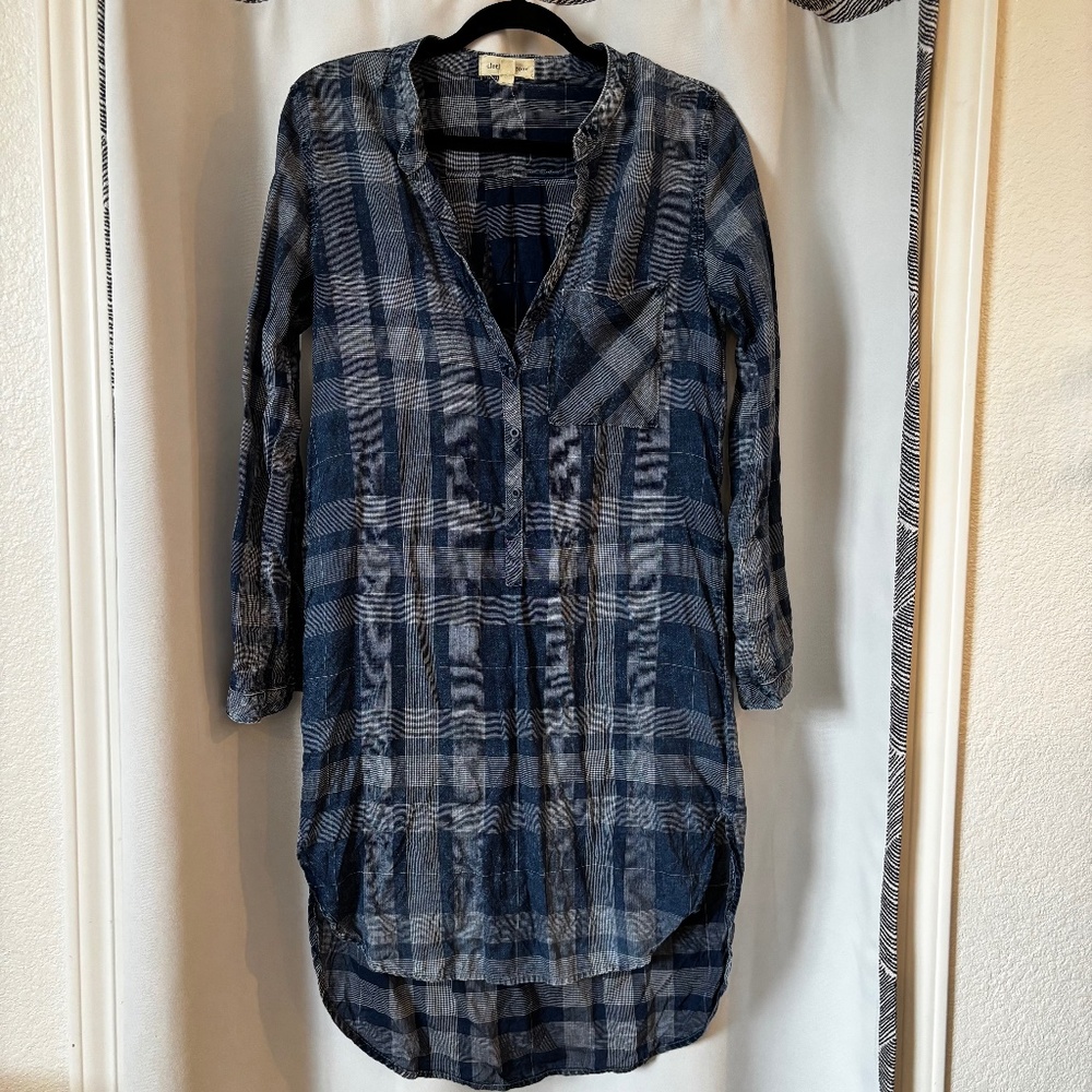 CLOTH & STONE High/Low Long Sleeve Tunic Shirt Dress Blue Plaid